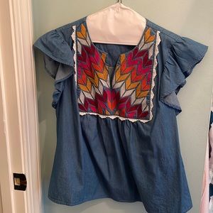 THML denim embroidered sleeveless shirt.